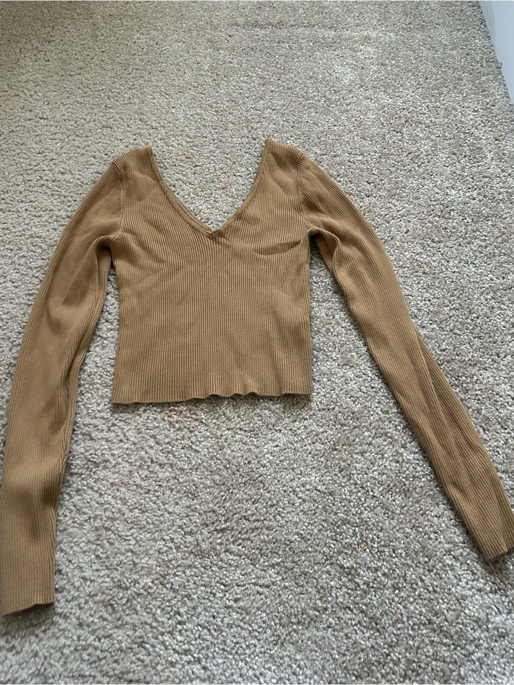 Forever 21 Ribbed Off-Shoulder V-Neck Long Sleeve Sweater - Camel